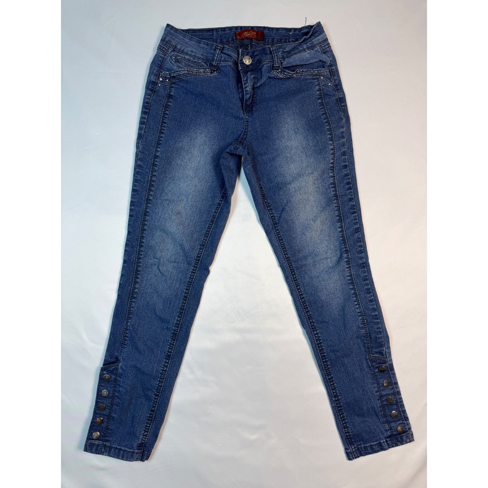 One 5 One Womens Skinny‎ Jeans Blue Medium Wash Button Cuff Rhinestone Size 4
